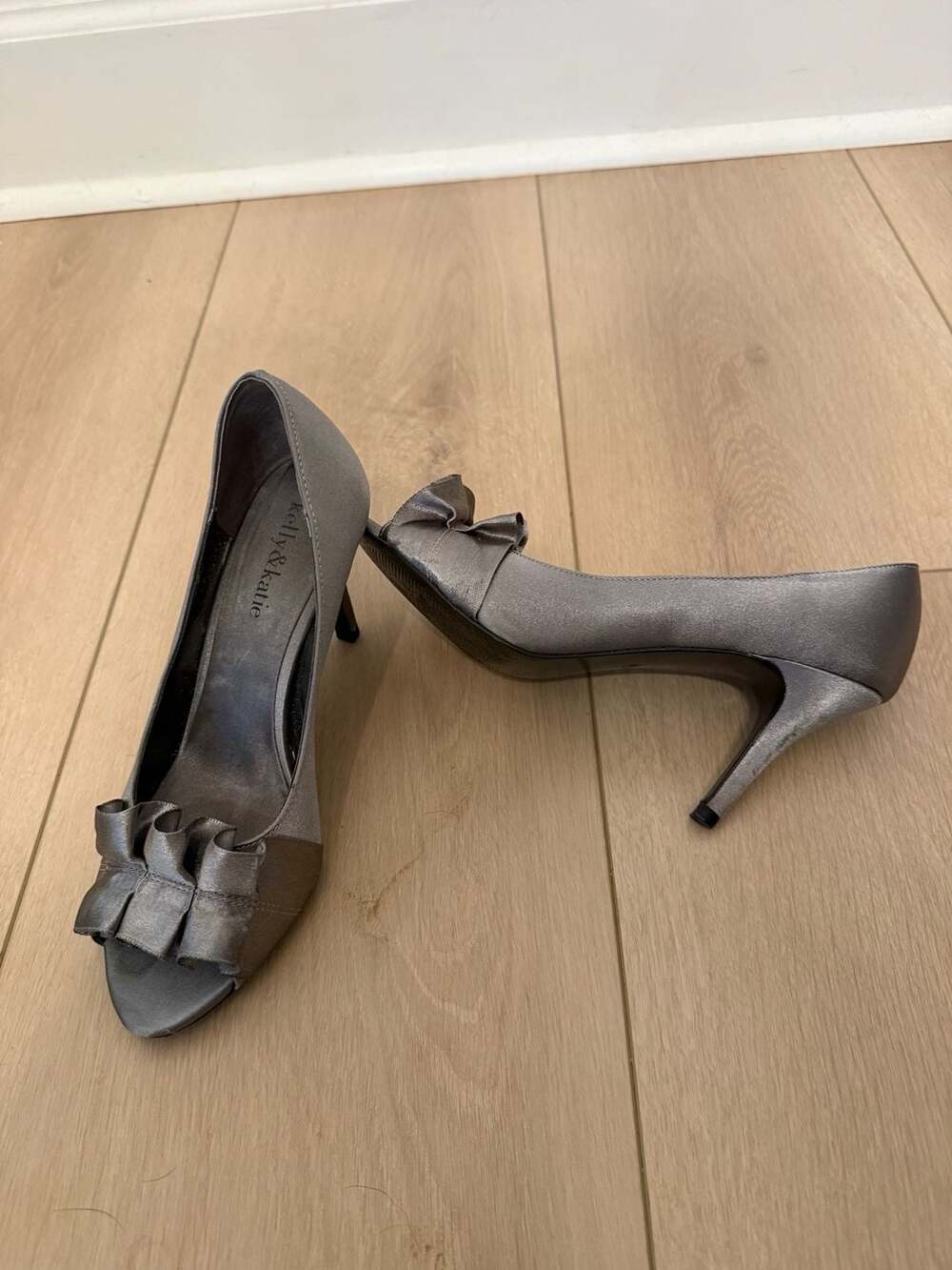 Kelly & Katie Gray Satin Ruffle Peep Toe Heels